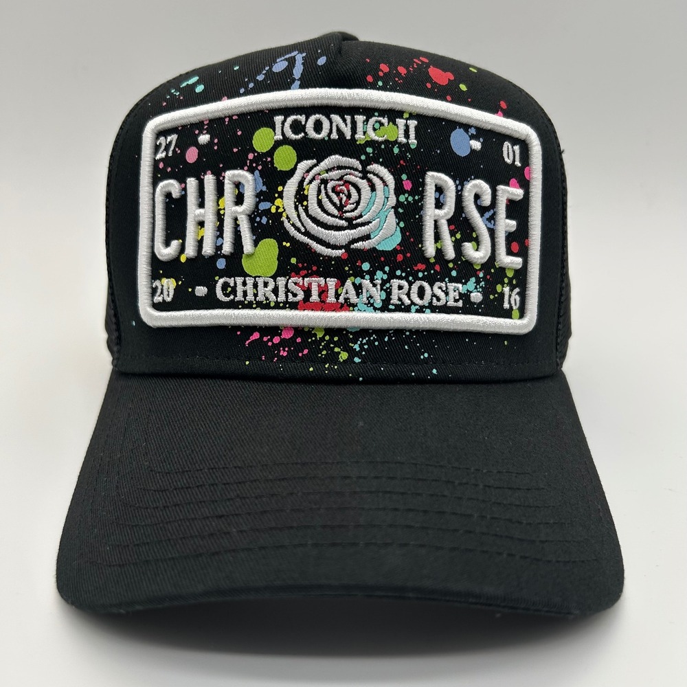 Christian Rose Iconic II Hat Black Paint Splatter Snapback Mesh Trucker Cap